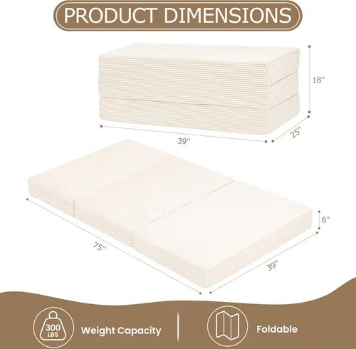 Vista 3 de Colchón de tres pliegues de 6 pulgadas, tamaño individual, sofá cama plegable con funda extraíble lavable, colchón de futón plegable de espuma
