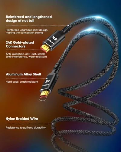 Vista 6 de Snowkids Cable de fibra óptica HDMI 8K 2.1 de 50 pies de largo, cables HDMI de alta velocidad de 48Gbps unidireccionales, cable compatible con 4K
