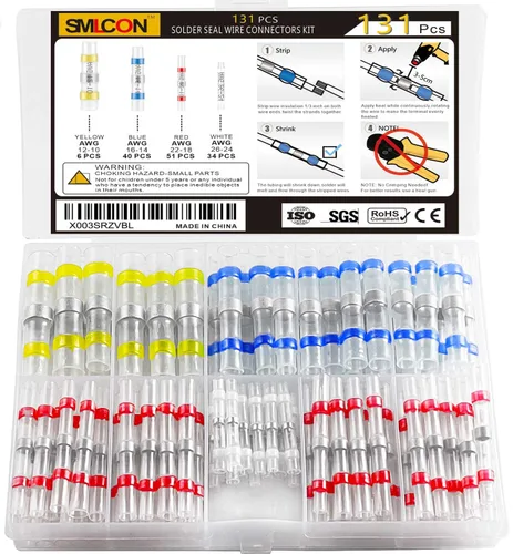 131 piezas de conectores de cable de sellado por soldadura - Kit de conectores de cable termorretráctiles impermeables, conectores de tope de