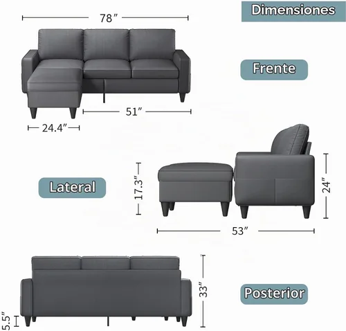Vista 2 de Lonkwa Sofá en forma de L para sala de estar, sofá modular convertible con otomana de almacenamiento, sofás seccionales grises de 3 asientos