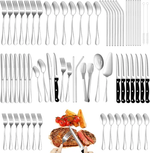 Vista 8 de Juego de cubiertos negros de 69 piezas con cuchillo de carne para 8, cubiertos de acero inoxidable, cucharas y tenedores de pulido de espejo