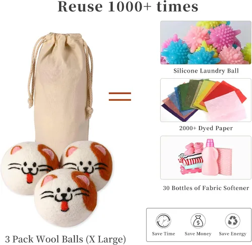 Vista 3 de Bolas de secadora reutilizables para lavandería, bolas de lana XL, hechas a mano, lindas bolas de secadora extragrandes, acortan el tiempo