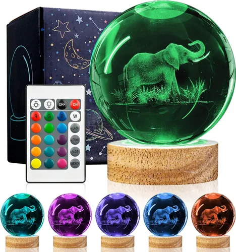 Vista 8 de Luz nocturna de bola de cristal de ajolote 3D con control remoto, lámparas de bola de vidrio de ajolote de 3.15 pulgadas con base de madera LED