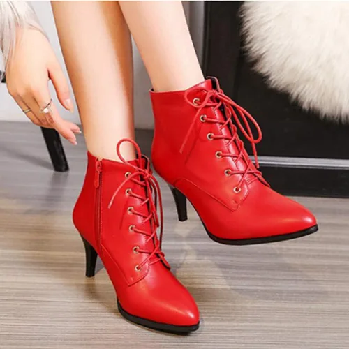 Vista 5 de MIOKE Botas de tobillo de tacón de aguja para mujer, botas puntiagudas con cordones y cremallera, botas cortas