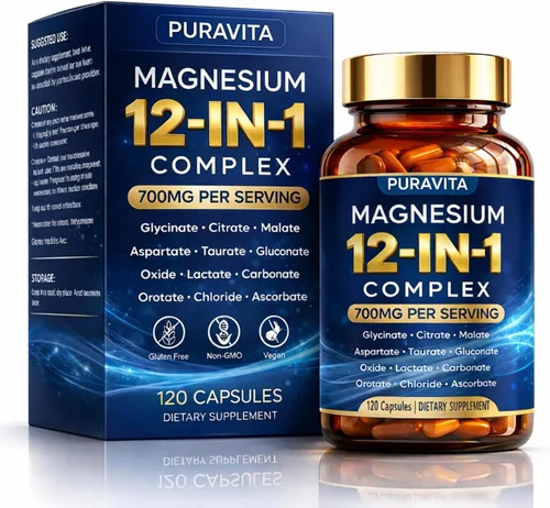 Puravita Complejo de Magnesio, Puravita 12 en 1 Suplemento de magnesio 700 mg con glicinato, citrato, malato, óxido, taurato y más, alta absorción