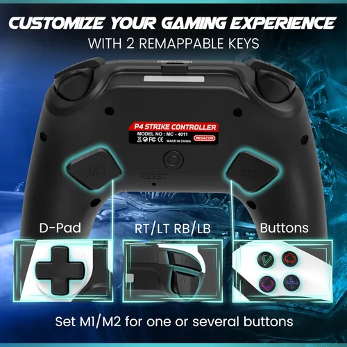 Vista 3 de megacom Wireless Bluetooth Controller for P4/PC – Gamepad with 2 Remap Keys, Dual Vibration, Rechargeable Battery, 3.5mm Audio Jack, Touchpad