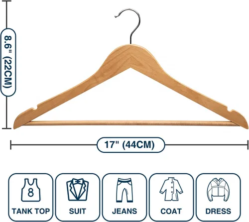 Vista 7 de Paquete de 20 perchas de madera con acabado liso, colgador de ropa resistente para trajes, chaquetas, pantalones, vestidos, perchas para armario