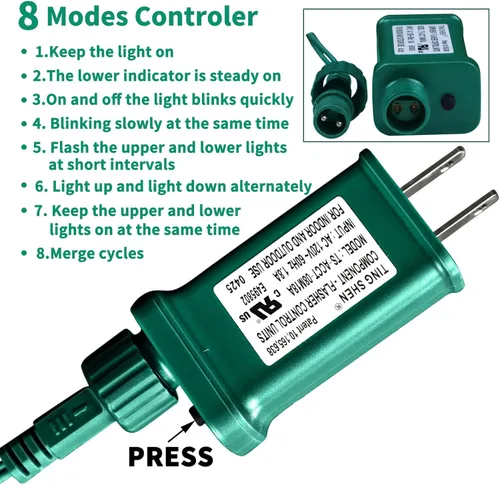 Vista 4 de Luces de cadena navideñas mini de 100 unidades en morado y verde, con certificación UL, equipadas con 8 modos de iluminación, perfectas para patios