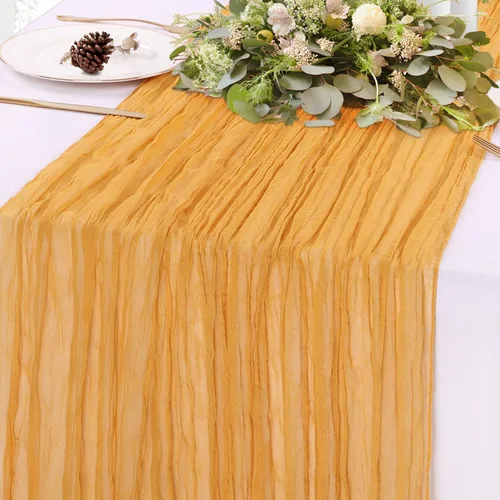 Vista 17 de Camino de mesa de gasa azul de 10 pies, estilo bohemio, rústico, transparente, de 120 pulgadas, decoración de mesa de gasa para despedida