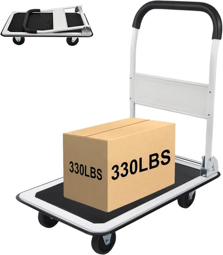 LEADALLWAY Carro plegable con plataforma de empuje de 330 libras, capacidad de 4 ruedas, 28.7 x 18.5 x 32.3 pulgadas, blanco, carrito plano pequeño