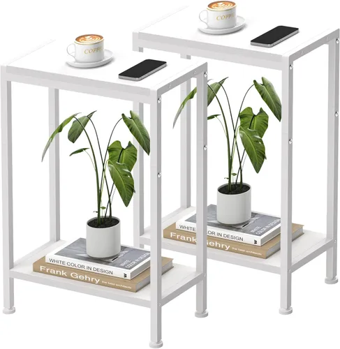 Vista 10 de Mesa auxiliar estrecha para espacios pequeños, mesa auxiliar delgada de 2 niveles, mesita de noche delgada, mesa de sofá delgada para aperitivos