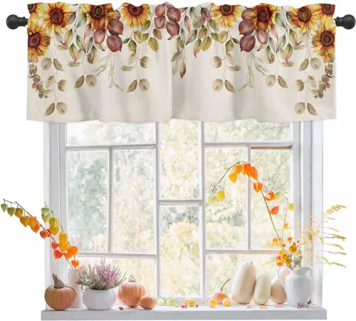 Vista 43 de Cenefas botánicas de acuarela para ventanas de cocina, cenefa de cortina de hojas verdes, cortinas cortas de rama de plantas con bolsillo
