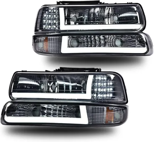 Vista 12 de G-PLUS Conjunto de faros, compatible con Chevy Silverado 1999 2000 2001 2002/Se ajusta a Suburban Tahoe 2000-2006 Faros delanteros de parachoques