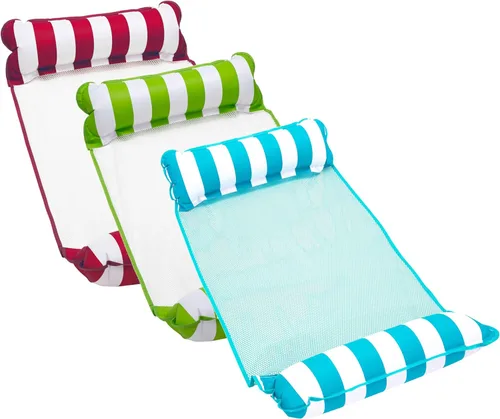 Aqua Monterey - Hamaca flotante para piscina, 1 azul claro, 1 verde lima y 1 a rayas color borgoña/blanco, paquete de 3