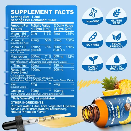 Vista 4 de Magnesium Drops - Magnesium Glycinate Liquid Drops for Kids - Calm, Sleep, Relaxation, Bones, Brain Support with Vitamin B6, C, D3, Omega-3