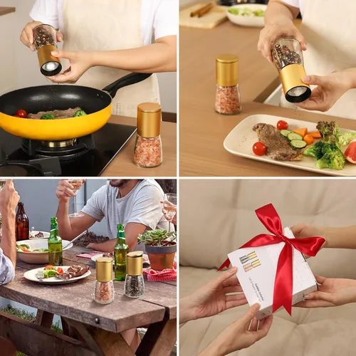 Vista 7 de Vucchini Molinillo de sal y pimienta dorado, molinillo de especias de latón de cerámica de grosor ajustable, molinillo de pimienta de vidrio