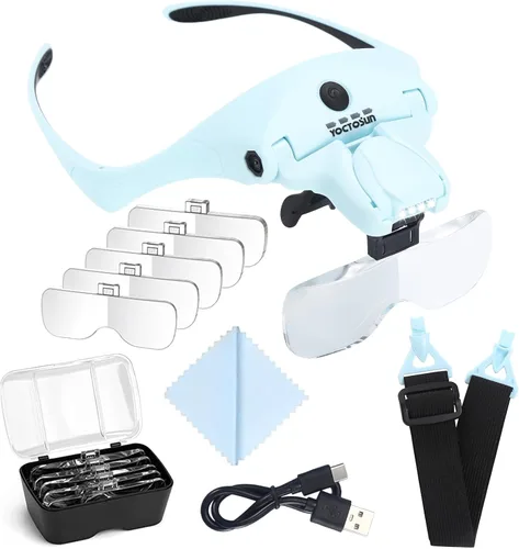Vista 11 de YOCTOSUN - Gafas de aumento con luz, lupa de diadema manos libres con 4 luces LED y 5 lentes desmontables de 1X a 3.5X, lupa de cabeza recargable
