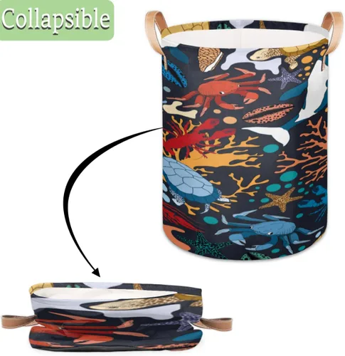 Vista 5 de Cesta de lavandería con asas de ballenas, tortugas y cangrejos, plegable, para baño, dormitorio, toallas