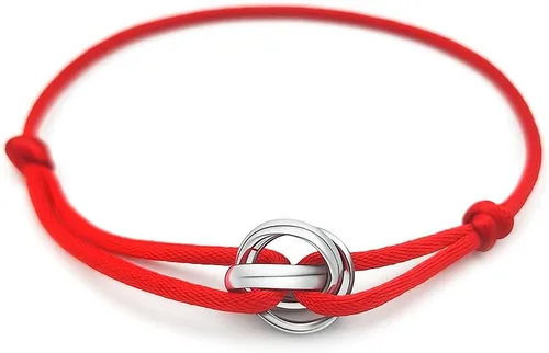 Vista 10 de Pulsera de cuerda roja, negra y rosa para protección y buena suerte, pulsera de cuerda ajustable hecha a mano con anillo Trinity de oro/plata