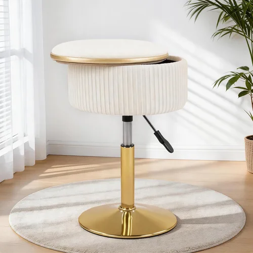 Vista 11 de LITZFUR Taburete de tocador ajustable con almacenamiento, silla giratoria de 360°, reposapiés otomano redondo pequeño de terciopelo para baño, sala