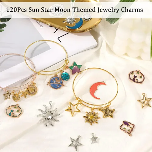 Vista 2 de SANNIX 120 Piezas Dijes Mixtos de Sol Estrella Luna para Hacer Joyas Dijes Colgantes de Esmalte Dorado para Collar Pulsera DIY Suministros