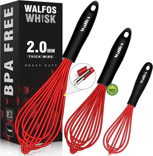 Walfos Batidor de silicona, resistente al calor (480 °F), batidor de silicona para cocinar, sin arañazos, sin BPA y apto para lavavajillas. Perfecto