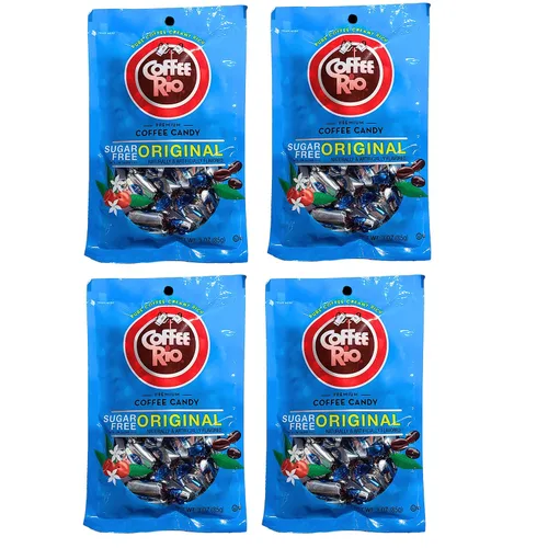 Coffee Rio Caramelos de café originales sin azúcar, paquete de 4 (3 onzas cada uno), caramelos duros envueltos individualmente sin azúcar mezclados