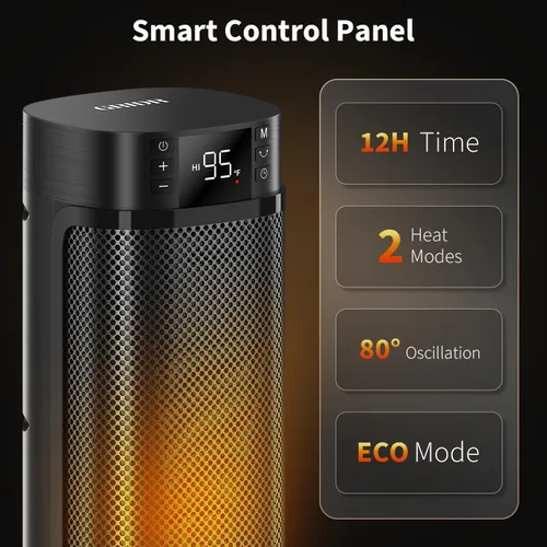 Vista 8 de GRIDR Space Heaters for Indoor Use, 24" Electric Space Heater, 1500W PTC Ceramic Heater for Office with Remote, Thermostat, 3 Modes, 35dB Quiet, 12H