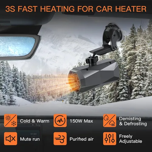 Vista 4 de Calefactor Máximo de 12 V 150 W para Vehículo, Giratoria de 360 Grados con Soporte de Succión, Calefactor Rápido de Coche 2 en 1 Enchufable