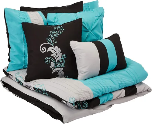 Vista 22 de Chezmoi Collection Napa - Juego de edredón de lujo de 7 piezas con bordado de hojas (tamaño matrimonial, negro/gris/blanco)
