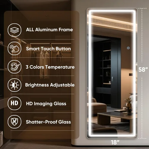 Vista 2 de Antok Espejo LED de longitud completa con luz, espejo iluminado de cuerpo completo de 58 x 18 pulgadas con soporte, regulable y iluminación de 3