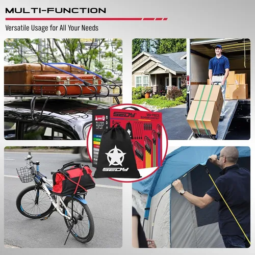 Vista 8 de Cuerdas elásticas resistentes con ganchos, 129 piezas, 18, 20, 32, 40 pulgadas, cuerda elástica de goma para exteriores, 4 clips de lona para toldo