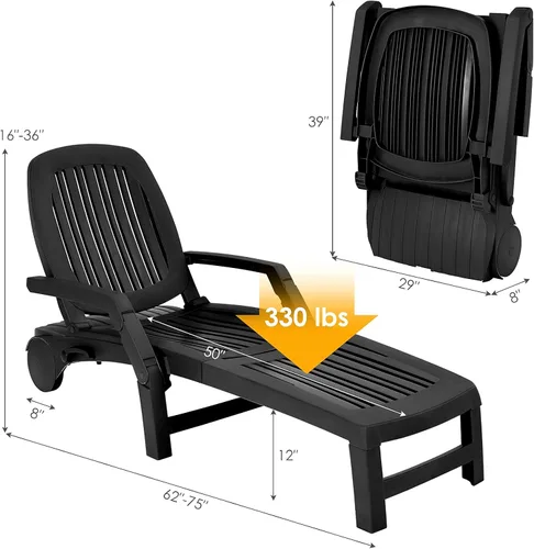 Vista 3 de Tangkula Tumbona para exteriores, reclinable ajustable de 5 posiciones con caja de almacenamiento y ruedas flexibles, silla de patio plegable