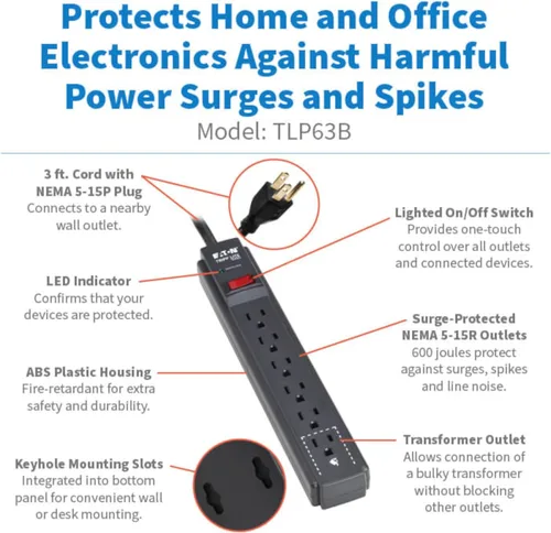 Vista 2 de Eaton Tripp Lite Series - Tira de alimentación con protector de sobretensiones de 6 tomas, cable de extensión de 3 pies, 600 julios, disyuntor de 15