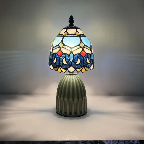 Tiffany Lamp Stained Glass Mushroom Table Lamps 6X6X12.5 Inch Blue Jewelry Baroque Style Small Night Light Ceramic Base Mini Accent Desk Light