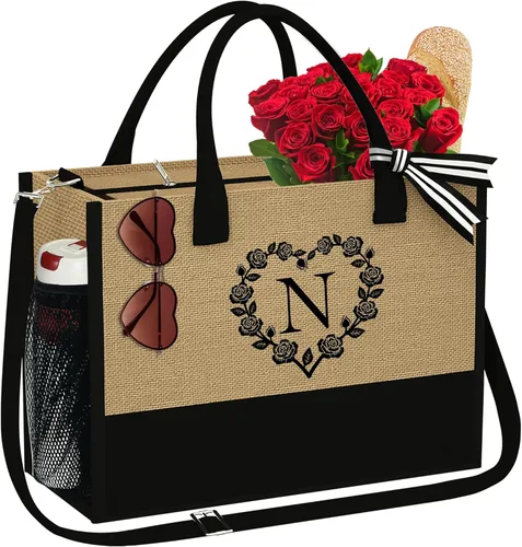 Initial Jute Tote Bag for Women Beach Bag Tote with Zipper Adjustable Strap Bridesmaid Gifts Birthday Gifts for Women