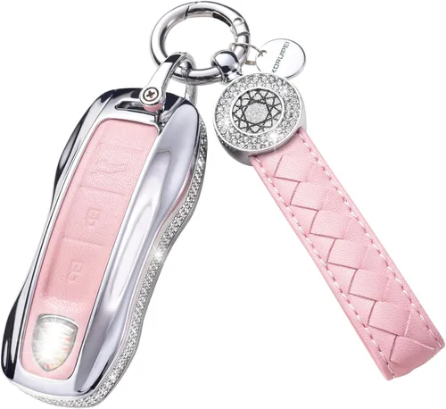 Vista 7 de Porsche Key Fob Cover, Leather Crystal Case for Porsche 911 Cayenne Taycan Panamera Remote Key