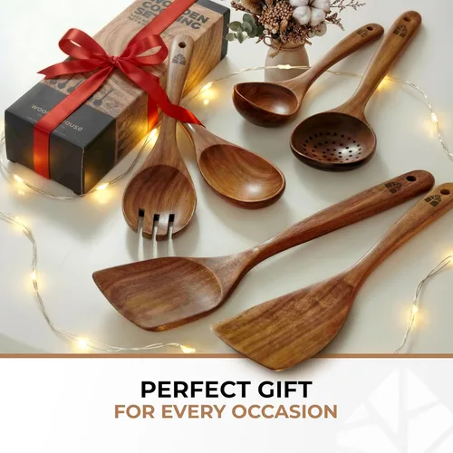 Vista 9 de Cucharas de madera para cocinar, juego de utensilios de madera de teca de primera calidad con ganchos, duradero, antiadherente, fácil de limpiar