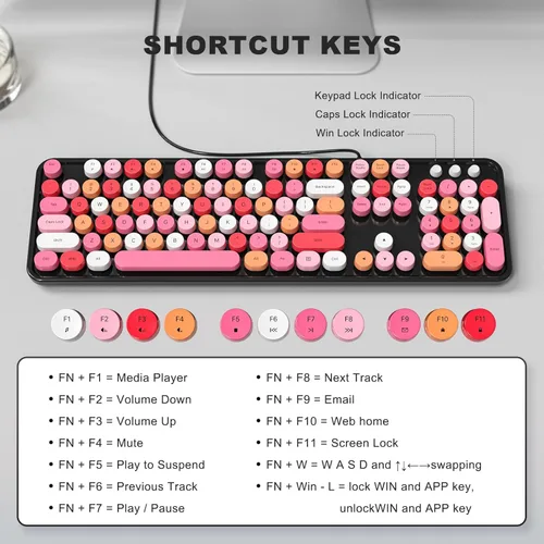 Vista 6 de MOFII Teclados de computadora con cable, teclado USB de tamaño completo Plug Play, bonito teclado estético colorido con soportes plegables