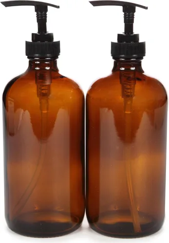 Vivaplex, 2, grandes, 16 onzas, botellas vacías de vidrio ámbar con bombas de loción negra