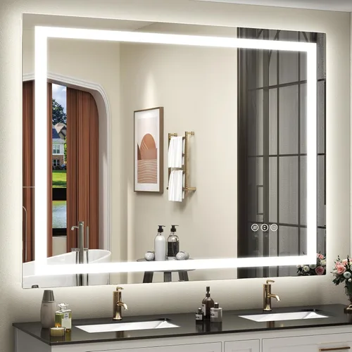 Vista 10 de Espejo de baño LED iluminado de 30 x 30 pulgadas para pared, espejo cuadrado de tocador con luces, regulable, antivaho, a prueba de roturas