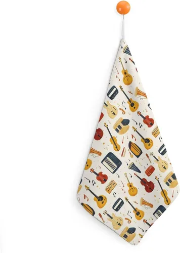 Retro Musical Instruments Print Hand Towels for Bathroom Kitchen, Hanging Kitchen Towels with Hanging Loop, Cute Decorative Absorbent Coral Bath