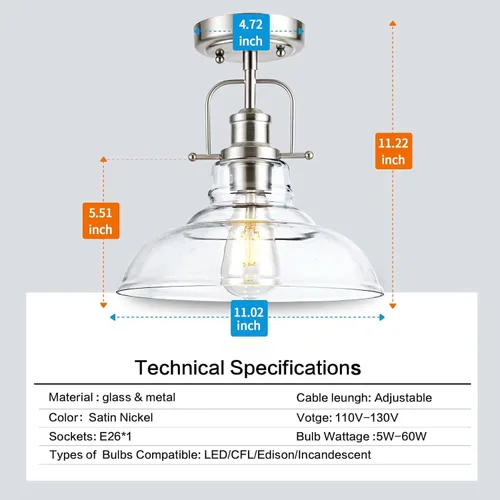 Vista 7 de Zlepmlla Lámpara de techo moderna de montaje empotrado, acabado de níquel cepillado con pantalla de vidrio transparente