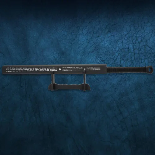 Vista 5 de Espada de triple filo de espiga completa Inscripciones detalladas Mango de madera dura con envoltura de cuero negro Funda a juego Soporte