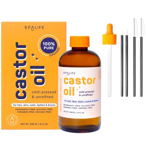 SpaLife Aceite de ricino orgánico prensado en frío para cara, cejas, cabello, piel, uñas y pestañas, aceite de ricino prensado en frío sin hexano y