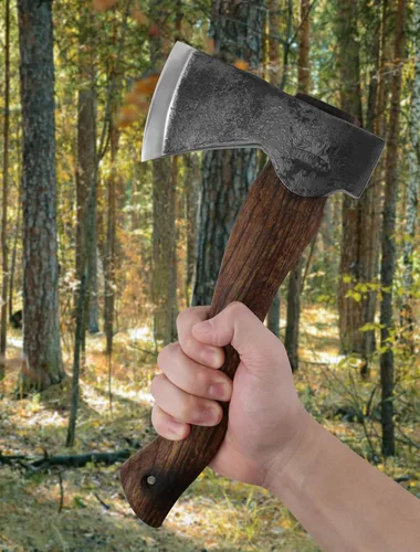 Vista 6 de Hacha y hacha de campamento de 11 pulgadas forjada con funda de cuero, hacha de supervivencia para hacha pequeña para carpintería