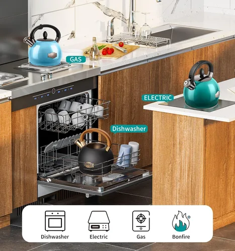 Vista 6 de Tetera y tetera de té, tetera de cocina de acero inoxidable de 2.64 cuartos de galón de grado alimenticio con silbato por inducción para estufa