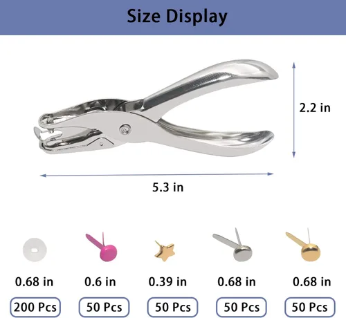 Vista 7 de 200 piezas de sujetadores de papel, mini pinzas multicolor redondas con 200 arandelas plateadas y alicates perforadores de metal de un solo agujero