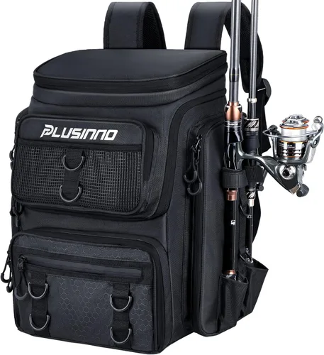 Vista 14 de PLUSINNO - Mochila de pesca con portacañas y caja de aparejos, 42L Bolsa grande resistente al agua para equipo de pesca