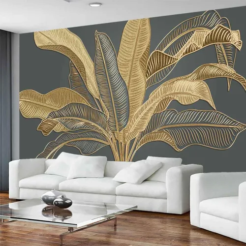 Vista 3 de Papel tapiz grande de hojas de plátano sobre fondo gris, murales de arte para dormitorio, sala de estar, baño (no es autoadhesivo)